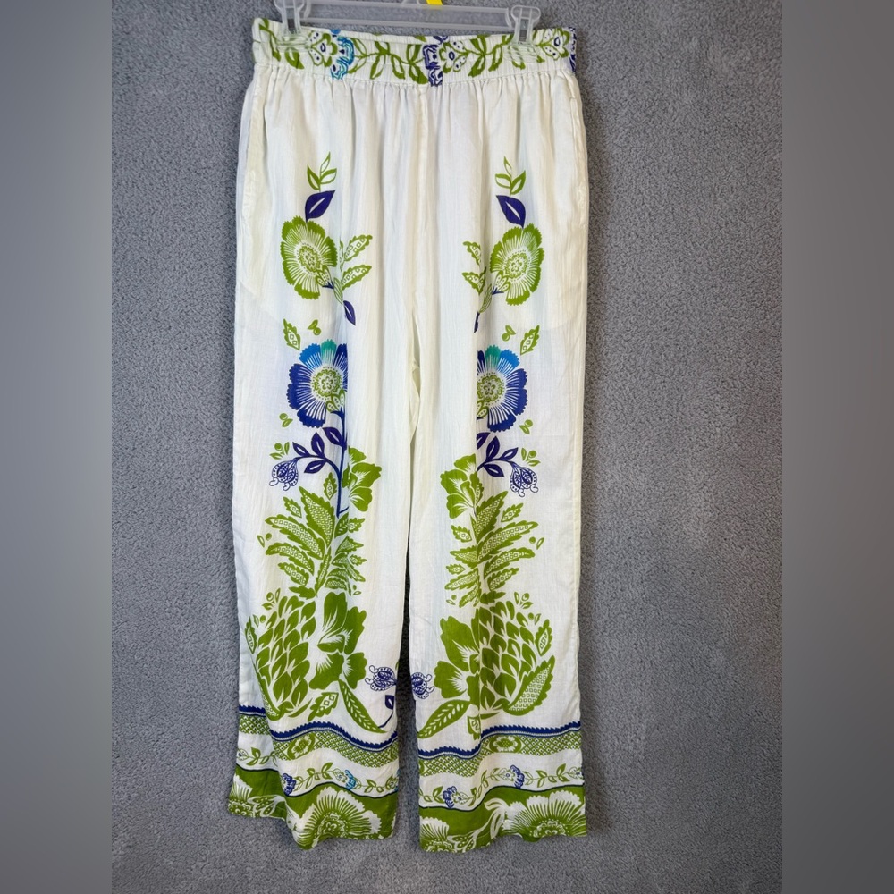 Haute Hippie White and Green Wide Leg Pants with Botanical Embroidery